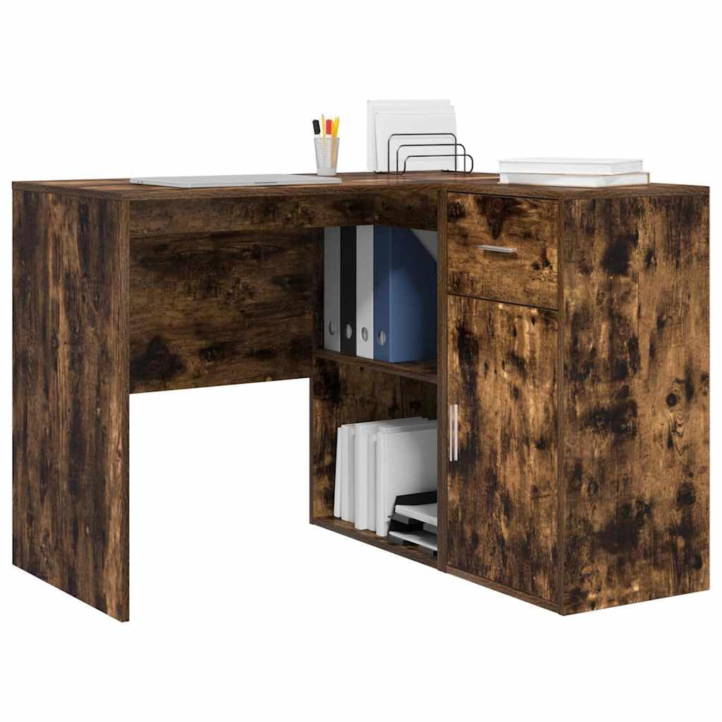 Scrivania angolare con mensola, rovere affumicato, 102 x 50 x 75 cm, materiale in legno, scrivania per computer per casa, ufficio, gioco, scrittura