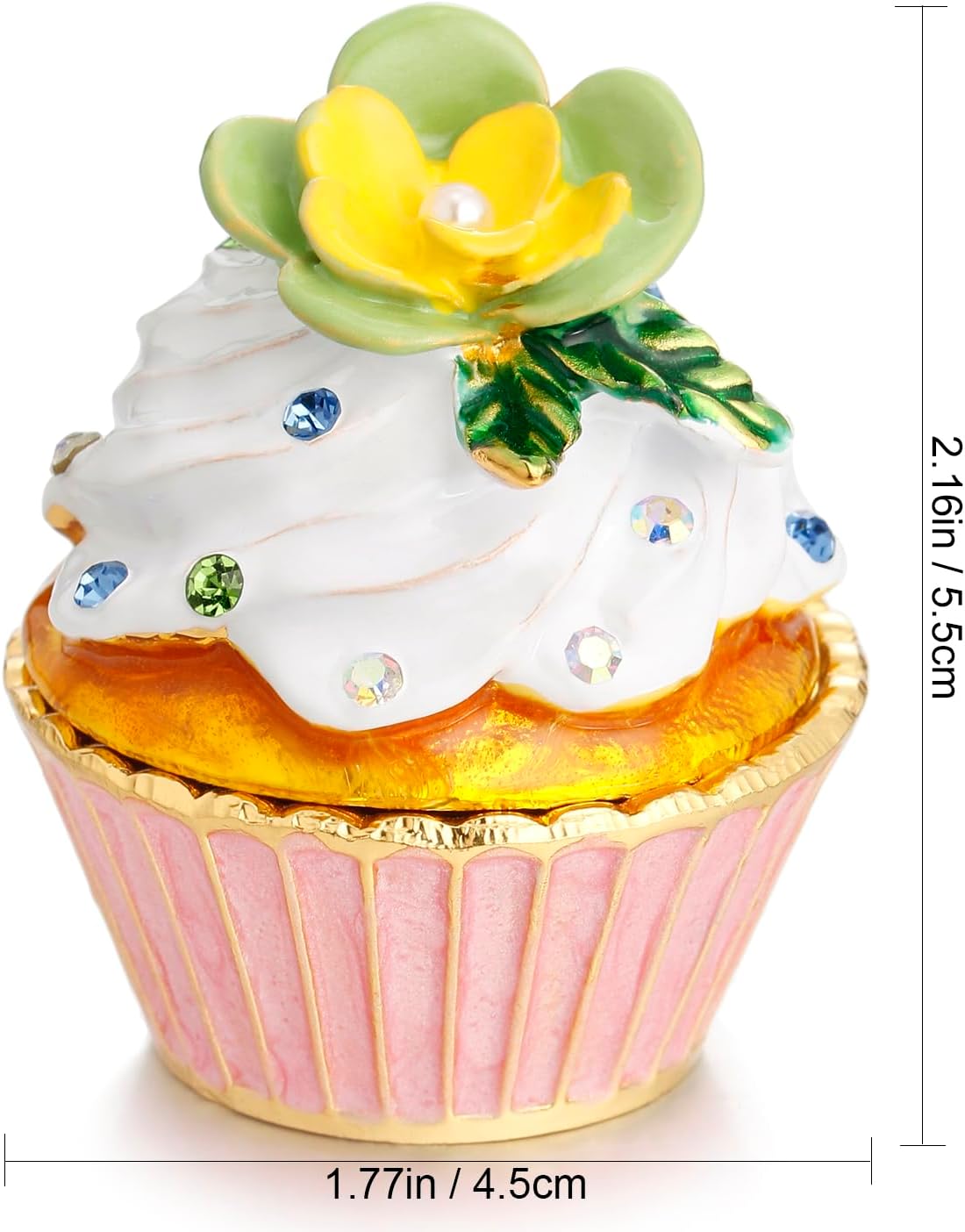 Hand Painted Enamel Cupcake Trinket Box, Hinged Jewelry Organizer Storage, Unique Home Decor Figurine Keepsake Collectible, Personalized Handmade Decoration Ornament Gifts (Green Cupcake-Flower)