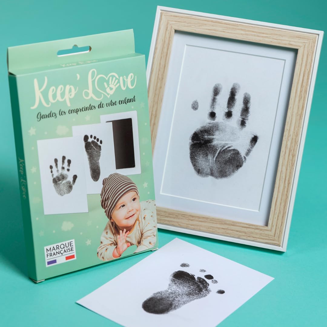 Keep'Love - Set di cornici per impronte per bambini, kit impronta piedi e mani, regalo per nascita, decorazione originale per la camera dei bambini, cornice per foto in legno con contorno bianco FSC