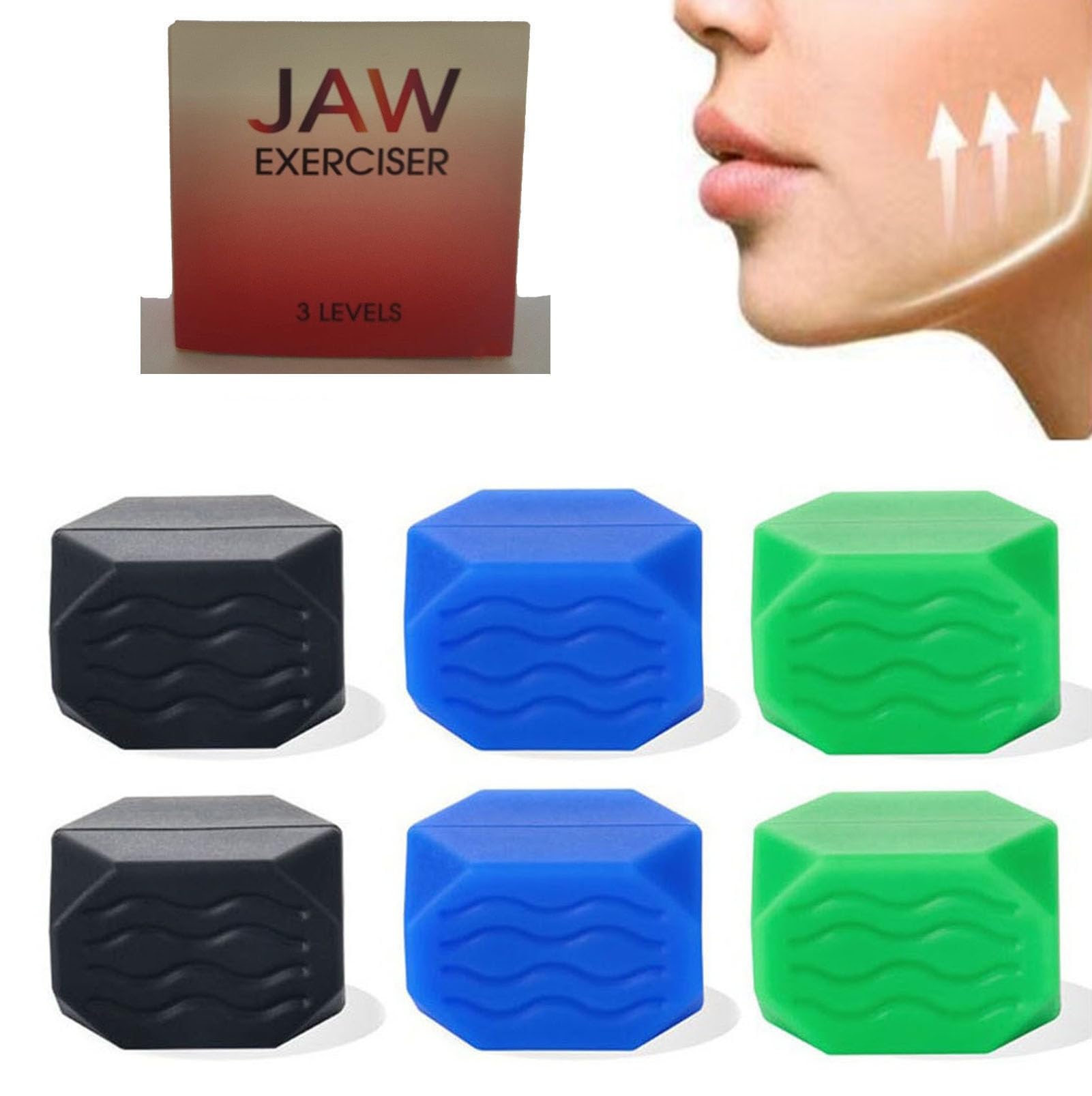 Jaw Trainer for Men Women 6Pcs Jaw Exerciser Silicone Face Chew Jawline Shaper Sculptor Jaw Toner Strengthener-3 Resistance Levels-Double Chin Eliminator Neck Exercise Tool-Mewing Jaw Line Gum