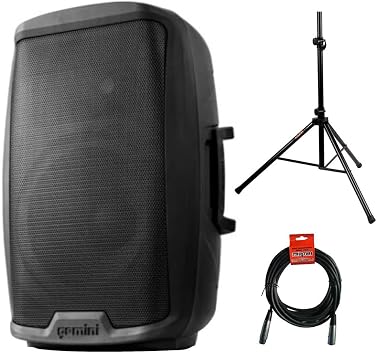Gemini Sound AS-2115BT Active 15" Woofer 2000-Watt DJ Monitor Powered Amplified PA Speakers System with Bluetooth Bundle with Auray SS-4420 Steel Speaker Stand and XLR Cable