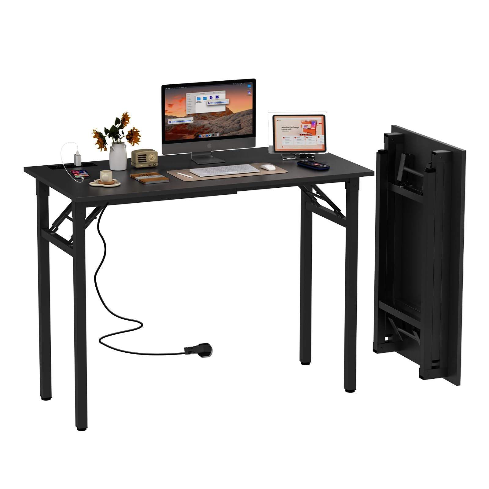 Schreibtisch Klapptisch 100x50cm mit Steckdose, Klappbarer Computertisch, Tragbarer Bürotisch, Klappschreibtisch für Zuhause, Büro, Kleiner Platzsparender, Schwarz