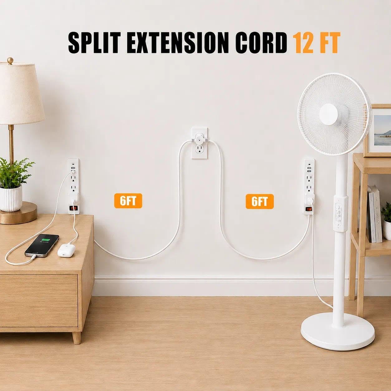 Dual Verlängerungskabel - 3 Fuß Split Verlängerungskabel, 6 Steckdosen und 6 USB-Anschlüsse, Dual Steckdosenleiste, 3 Pin und Flachstecker für hinter Bett, Sofa