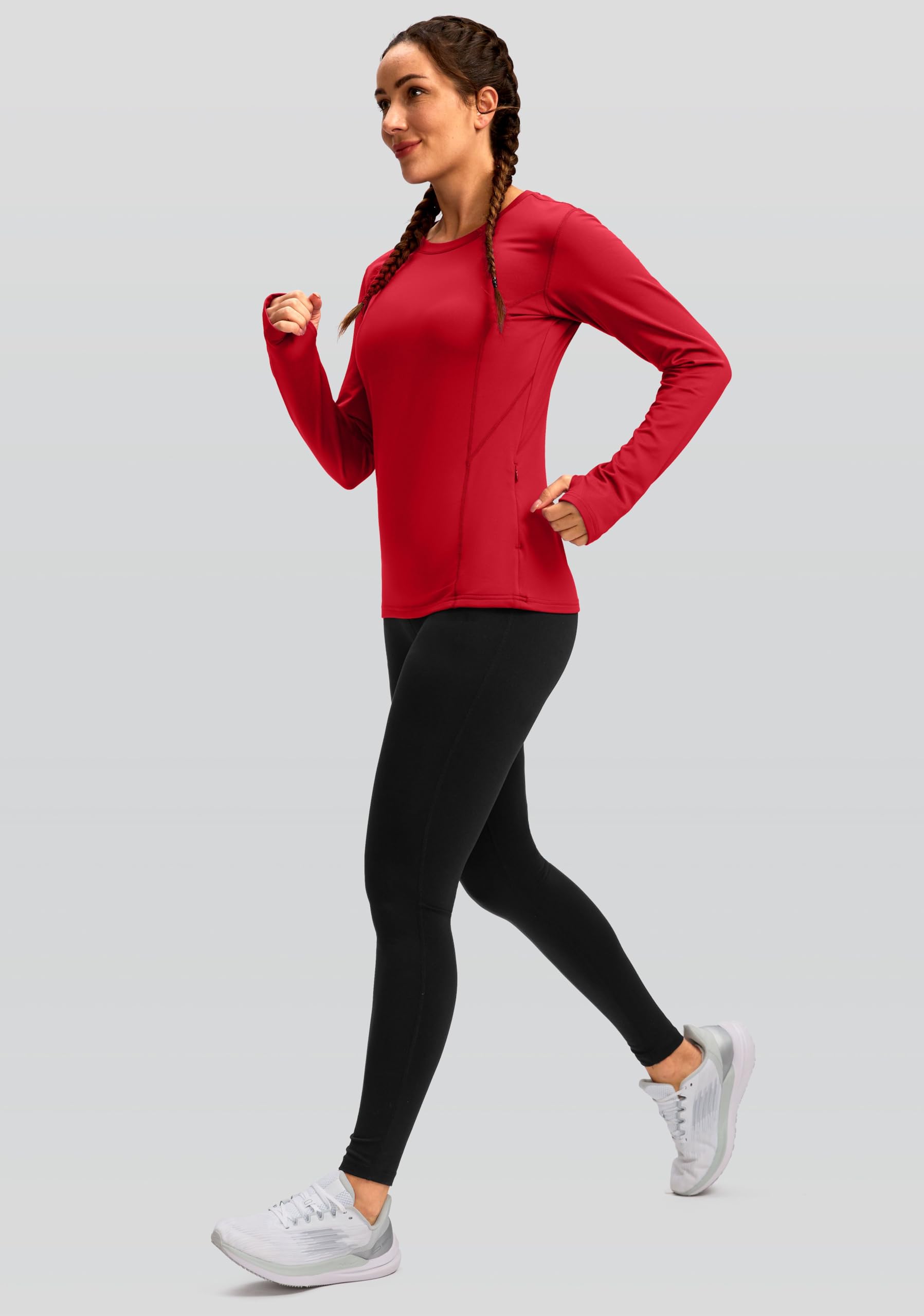 Camiseta térmica de forro polar para mujer, manga larga, para entrenamiento, correr, capa base atlética, con agujeros para el pulgar y bolsillo con cremallera