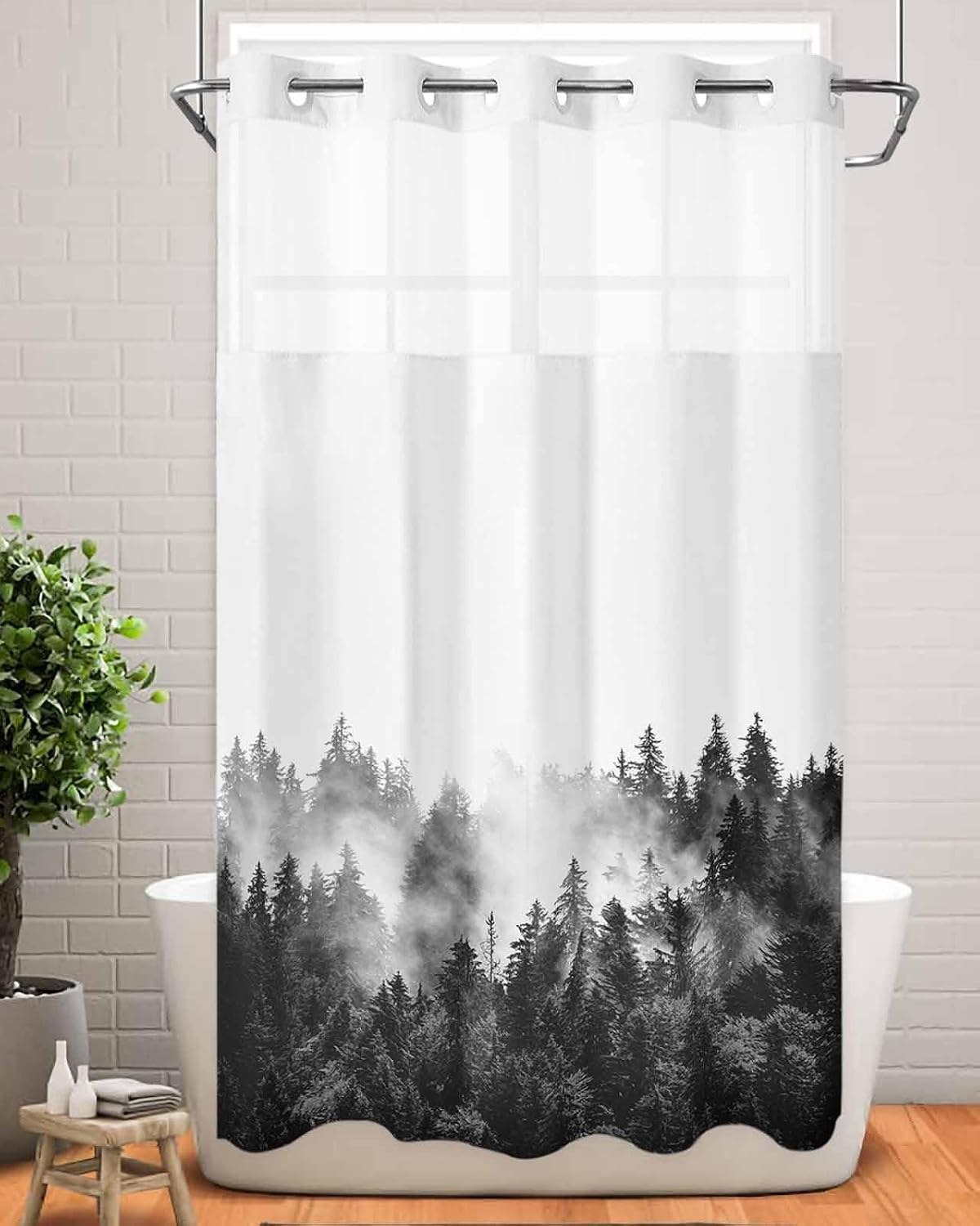 QueenKer Shower Curtains Set No Hook Shower Curtains with Snap in Liner 54" x 78" Summer Photography Black and White Forest Waterproof See Through Mesh Top Window for Shower Bathroom