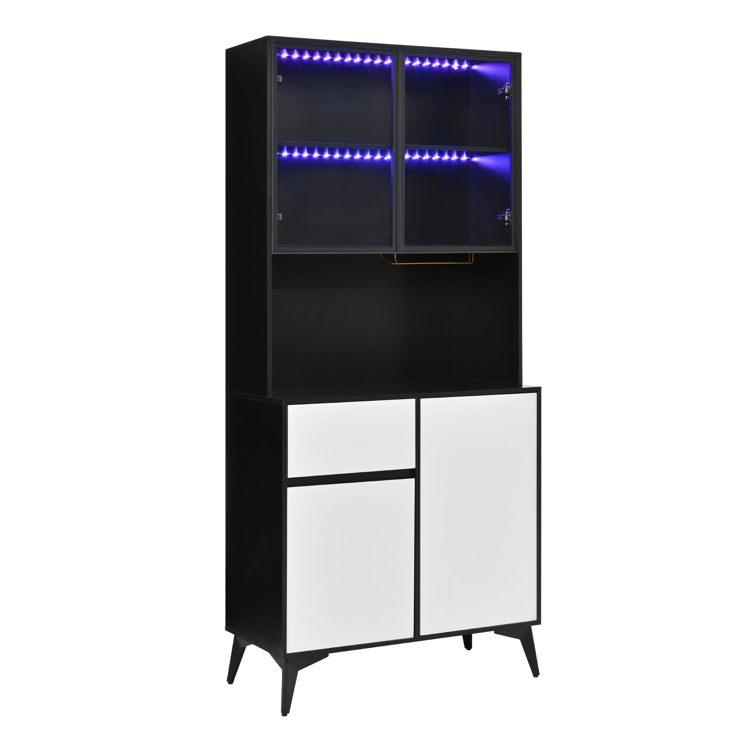 Dolamaní Witryna 80 dł. x 40 szer. x 180 wys. (cm) czarno-biała, szklana witryna i szafka bufetowa, zintegrowana lampa LED, szafka z korpusem MDF, kredens do kuchni i salonu (C)