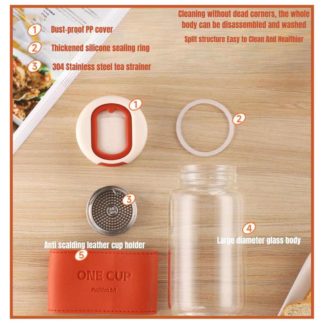 Wosta Tea Infuser Bottle with Strainer - Hot & Cold Brew Glass WaterBottle - Leakproof - Silicone Sleeve - BPA Free Infuser - Tea -Pot Alternative - Leaf (Black) 3