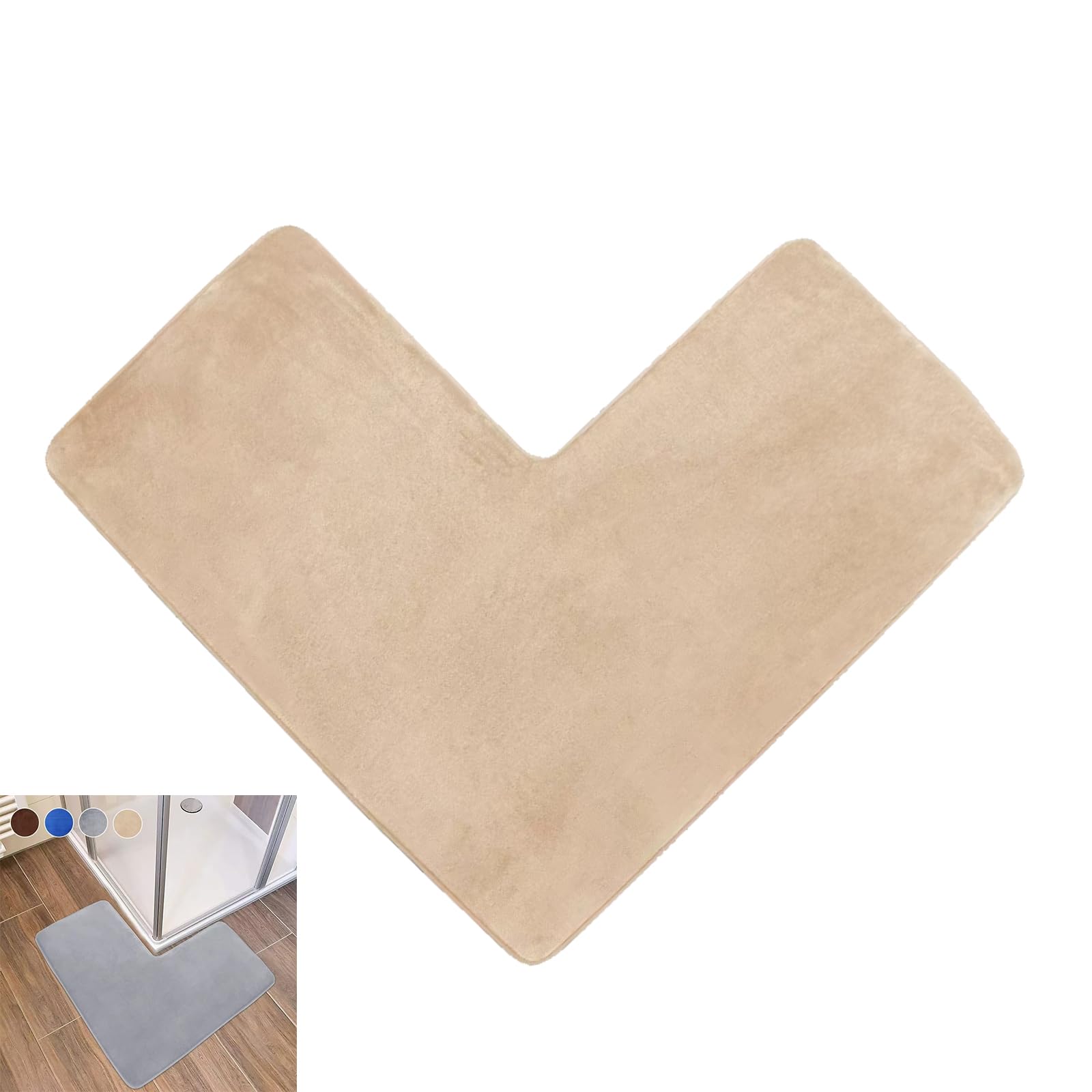 ACESOME L-Shaped Corner Shower Mat, 80x80cm Absorbent Non Slip Bath Mat, Coral Fleece Bathroom Carpet, Supersoft Machine Washable Bath Mat for Corner Showers, Tubs (Camel)