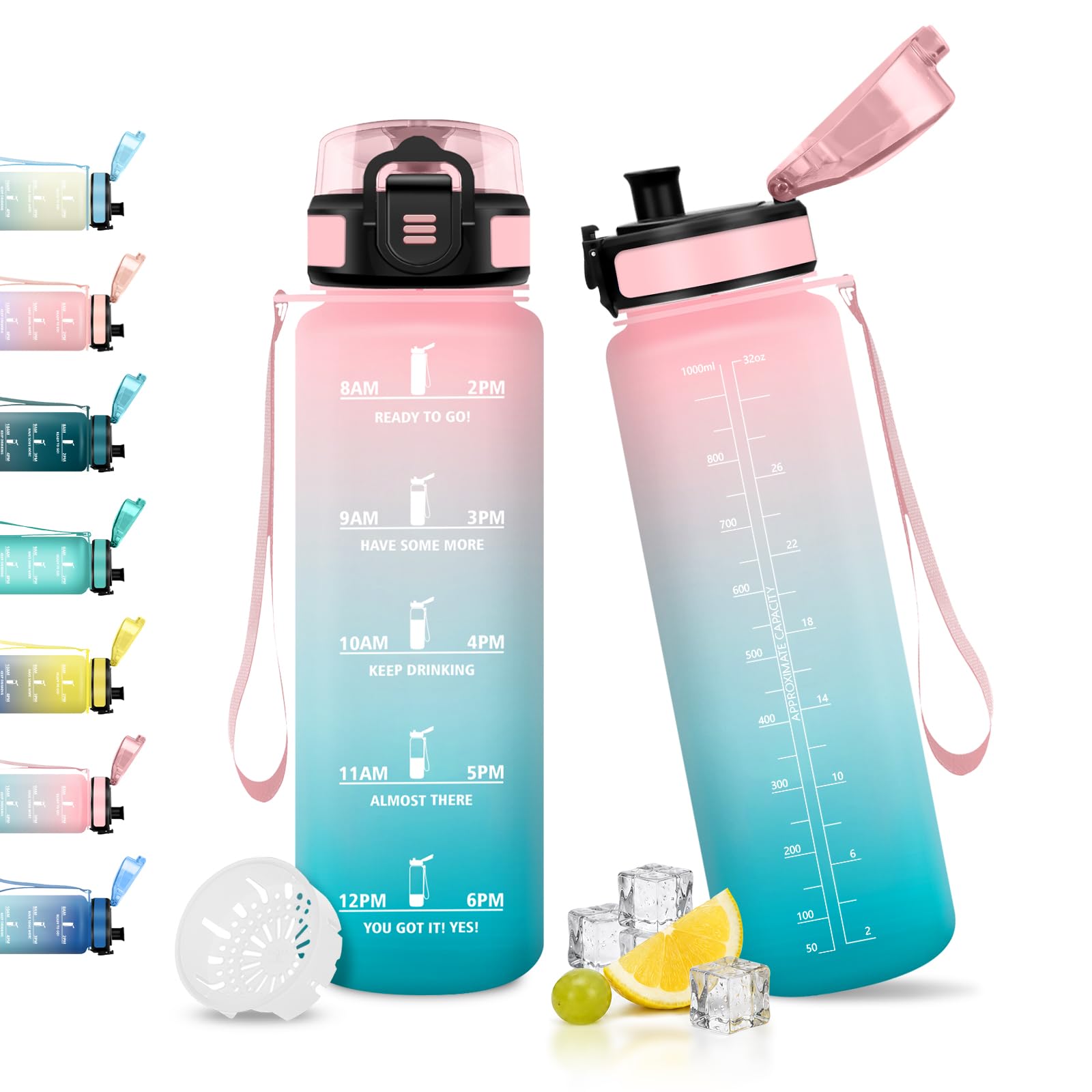 JAPORIA 1L Water Bottle with Filter, Motivational Water Bottle, Time Scale Water Bottles, BPA Free, Water Bottles for Outdoor, Yoga, Travel, Camping