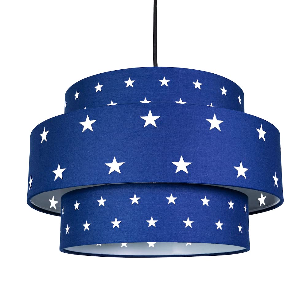 Unique and Modern Triple Tier Midnight Blue Cotton Fabric Childrens Pendant Shade with Stars Decoration | 30cm Diameter | 60w Maximum by Happy Homewares — image 1