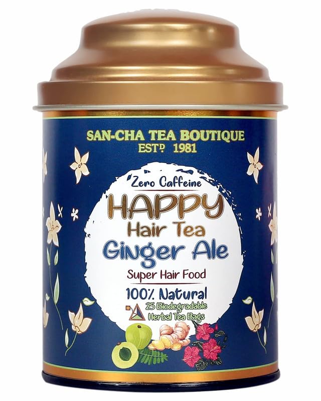 Image of SAN-CHA Tea Boutique Happy Hair Tea | Free Tea (Pack Of 25) | 100% Biodegradable Tea Bags|Pyramid Tea Bags | Herbal Tea | Tea For Healthy Hair | Hibiscus Leaves For Hair Growth, 25 grams