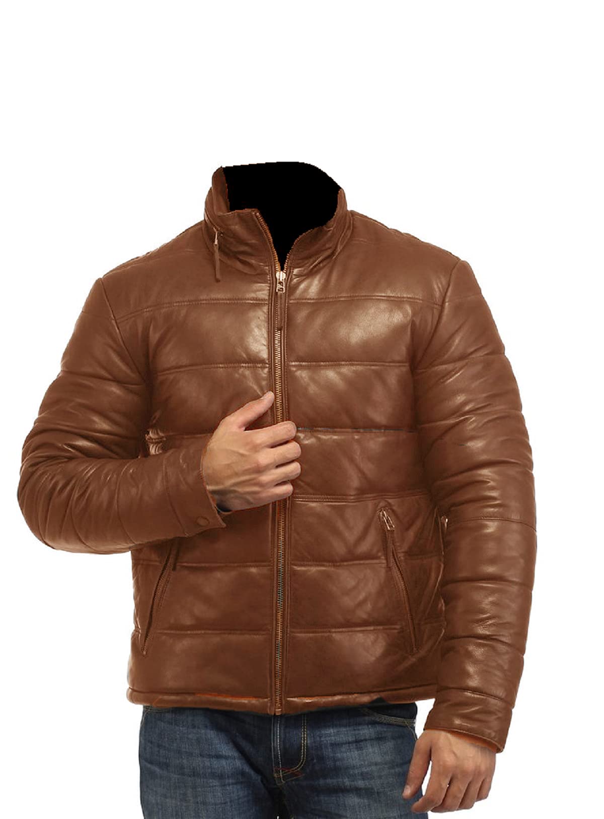 Chaqueta de cuero negra para hombre, estilo acolchado, estilo vintage, motero, motocicleta, auténtico, Cafe Racer, Marrón - Chaqueta de Cuero Puffer, XL