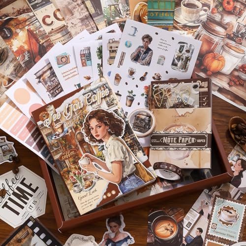 Image of GDNK Scrape Book Kit Scrapbooking Kit Vintage Journal Scrapbook Pack DIY Paper Stickers, Craft Kits Notebook, Collage Album Aesthetic Sticker Journaling Scrapbook Photo Album (See You Coffee)