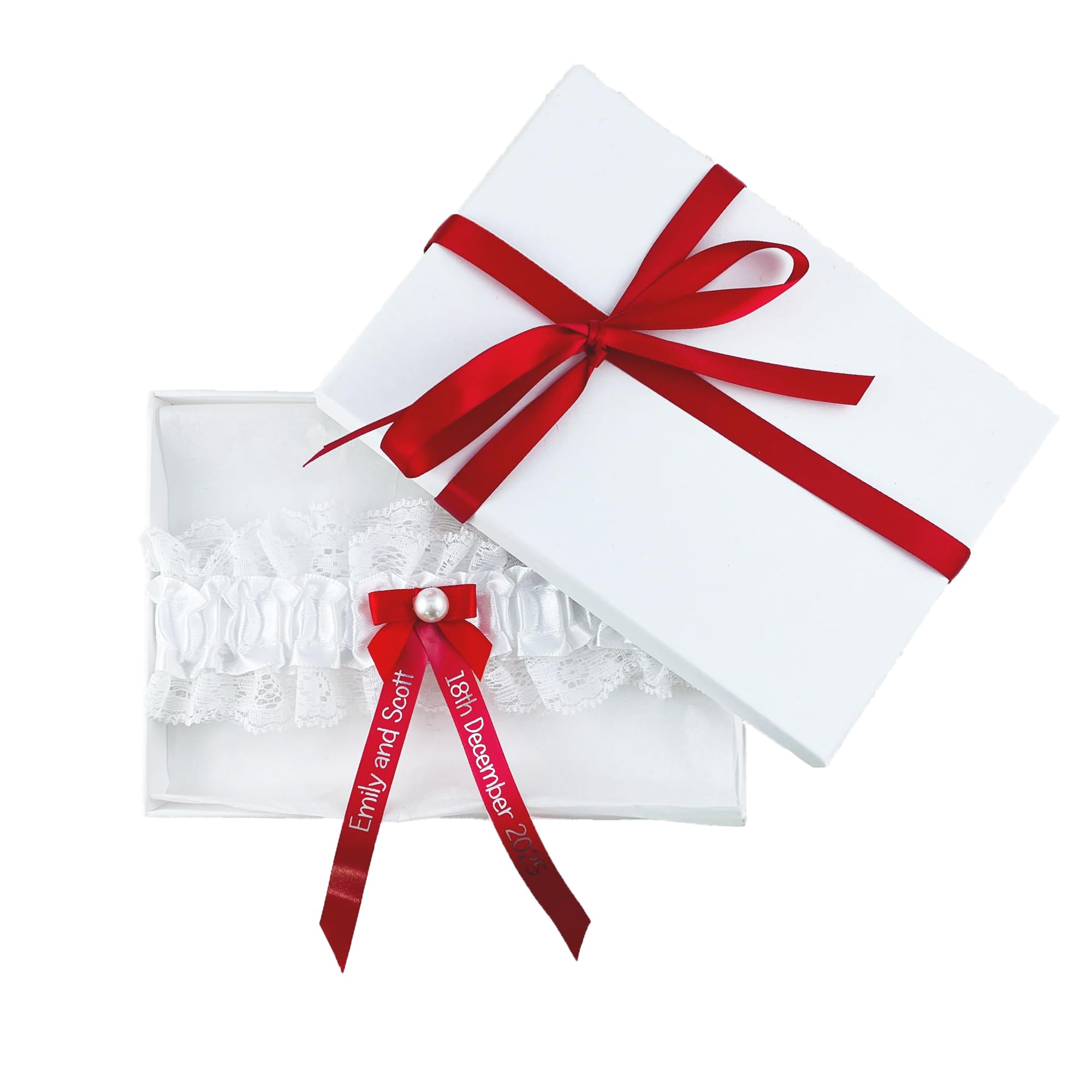 My Pretty Little Gifts Personalised Garter - Red with Silver Text - Perfect Bridal Bride to Be Wedding Hen Party - Gift Boxed