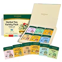VAHDAM Set Degustazione Tisane | 36 Filtri, 6 Gusti | Curcuma Agrumi Zenzero, Curcuma Camomilla, Ibisco, Moringa, Menta Verde, Zenzero | Senza Caffeina e Non OGM | Idee Regalo Donna e Uomo