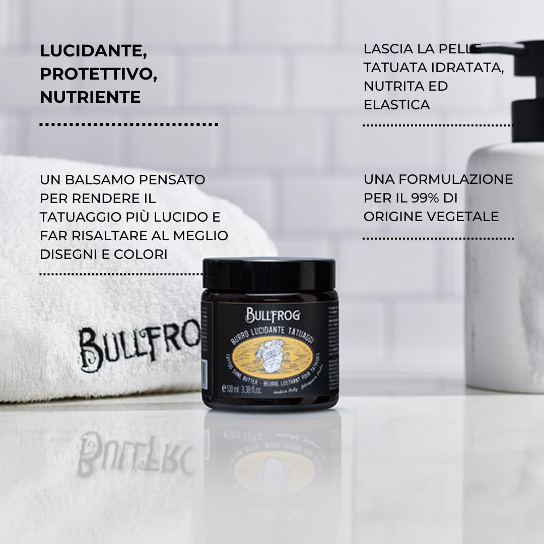 Bullfrog Burro Lucidante Tatuaggi – Idratante e Nutriente, 99,1% Ingredienti Naturali, Fragranza Nocciola, Cacao e Miele, Finish Luminoso e Protettivo, 100 ml