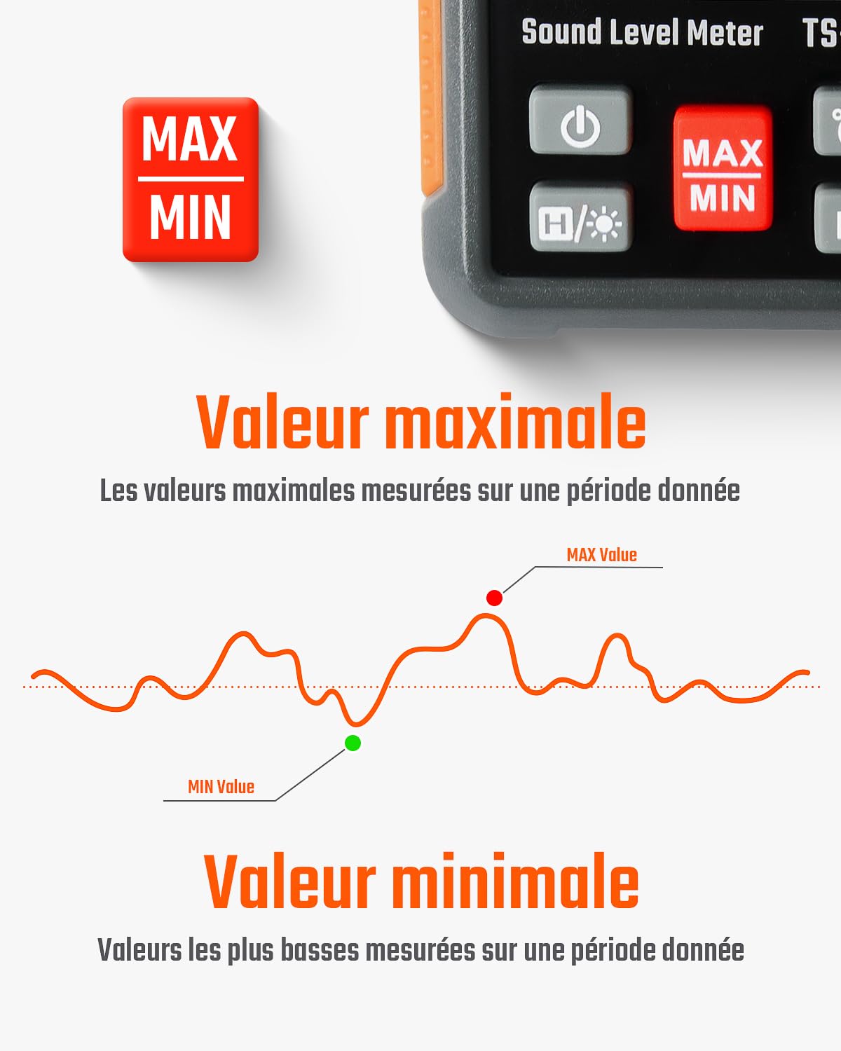 Sonomètre, TopTes TS-501A Décibelmètre avec écran LCD rétroéclairé de 2,25 pouces, pondéré A, plage 30-130 dB, valeur MAX/MIN, utilisation pour la maison, voisin bruyant, usine - Orange
