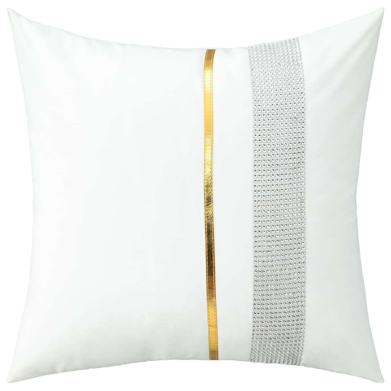 VOGOLEuro Luxury Decor Cushion Covers, Patchwork Throw Pillow Cover with Gold Striped Leather for Sofa Car Bed, 18x18 Inch, White