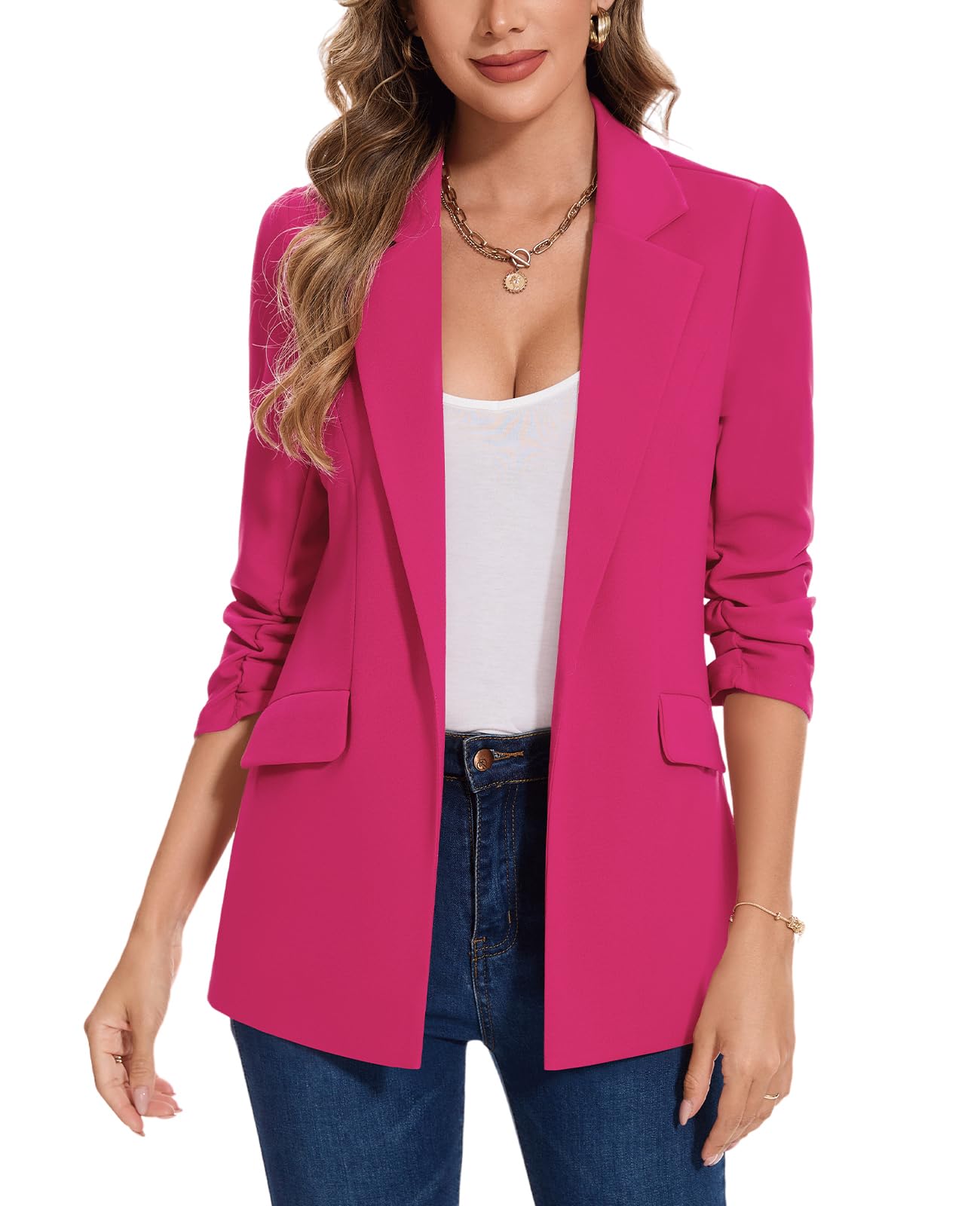 Womens Open Front 3/4 Sleeve Ruched Sleeve Suit Front Lined Outerwear Lapel Flap Pockets Blazer-image-7