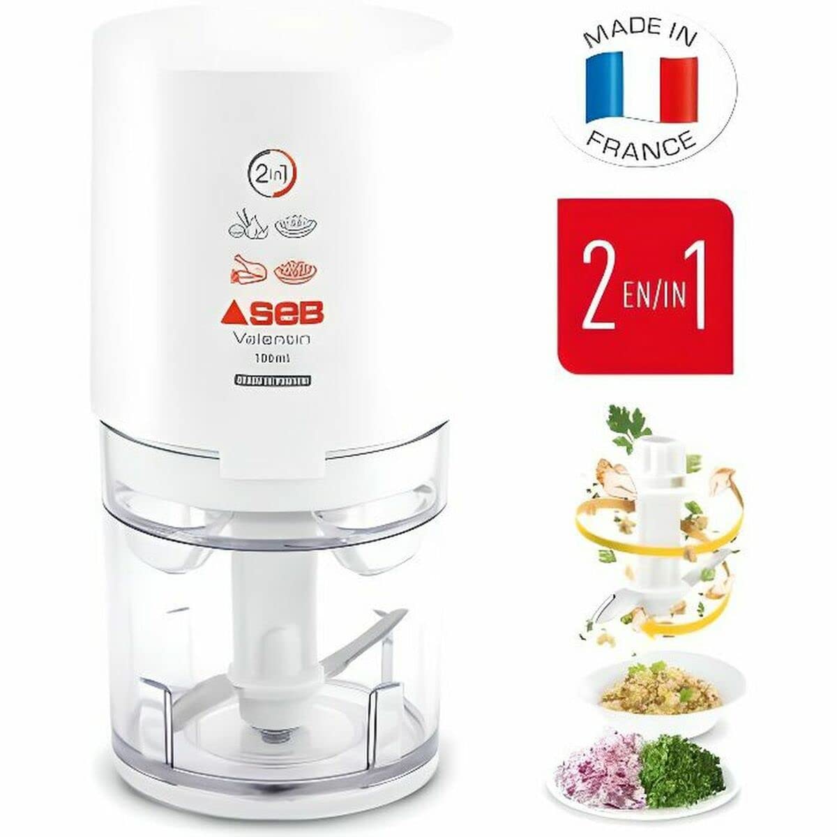 SEB, Valentin Mini Chopper 2 in 1, Zutaten hacken und fein hacken, bis zu 40g/100ml, Weiß