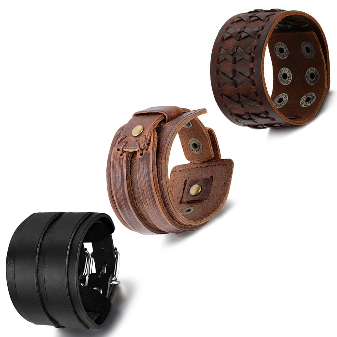 Cupimatch Pulsera unisex de piel ancha con remache de calavera gótica negra con botón de presión ajustable para hombres y mujeres