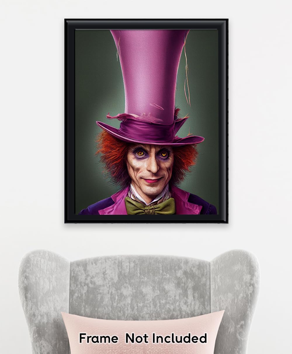 Mad Hatter Wall Art –18x24 Unframed Fantasy Character Poster with Purple Top Hat–Gothic Decor Surreal Steampunk Clown Portrait for Halloween Artwork, Game Room, Cosplay Lovers, & Vintage Fantasy Décor