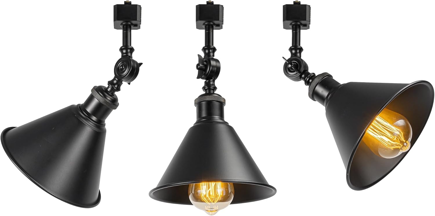 Vintage Black with Metal Shade J-Type Track Lighting E26 Base Adjustable Angle Direction for Home Office Pack of 3