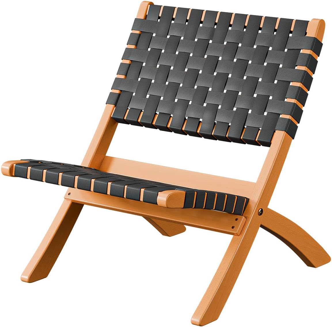VINGLI Wooden Outdoor Chairs, Portable Rattan Folding Chair with Low Webbing Seat and Backrest, Adirondack Chairs, Ideal for Patio, Lawn, Garden, Fishing, Black, 1 Pack
