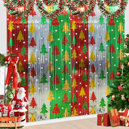 2 Pack Christmas Foil Fringe Curtains 3.3 x 6.6 Ft Christmas Tree Tinsel Curtain Red Green Silver Xmas Trees Metallic Foil Backdrop Colorful Photo Booth Prop Door Streamers for Xmas Party Wall Decor