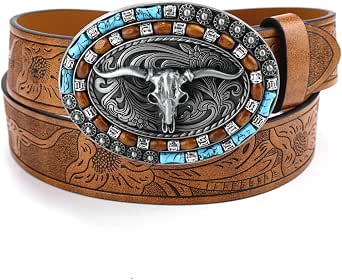 Western Cowboy Leather Belt - Blue & Brown