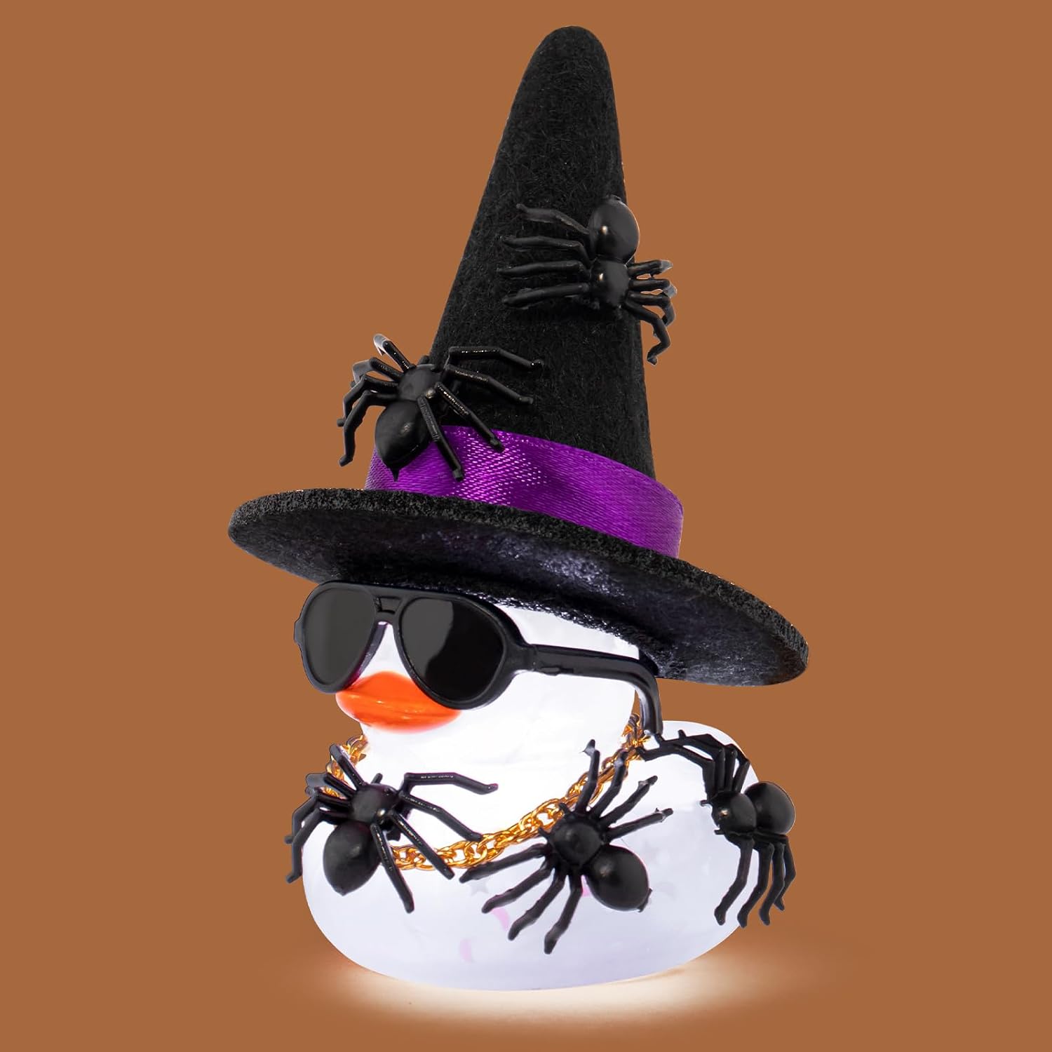 wonuu Spider Rubber Duck with Light for Halloween Decoration Car Ornament Home Decor Mini Transparent Glowing Ducky with Sunglasses Necklace, Assemble Needed, White Light Purple