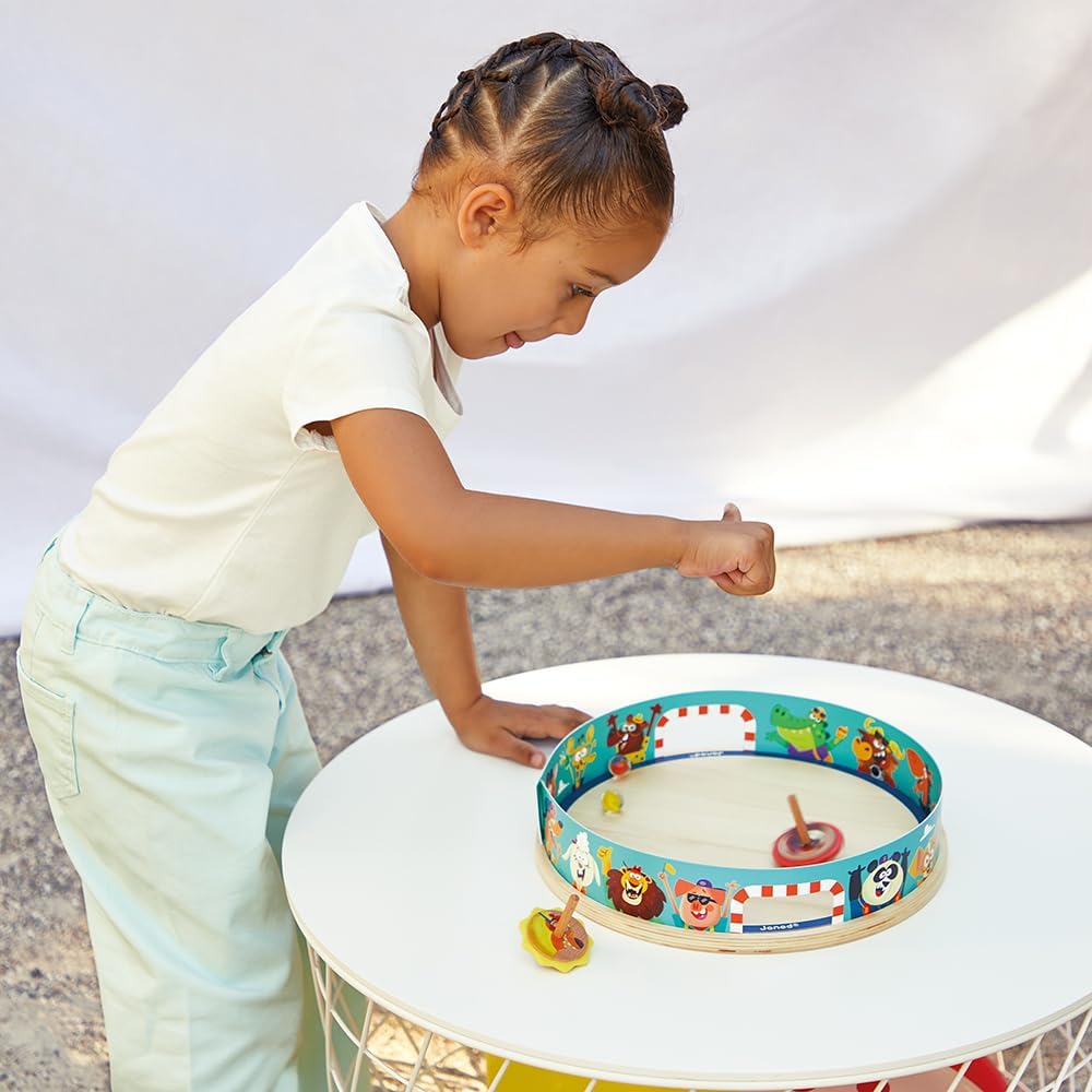 Janod Applepop Spinning Top Arena Carnival Game - 5 Piece Set - 2 Players - Ages 4-8 - J03355