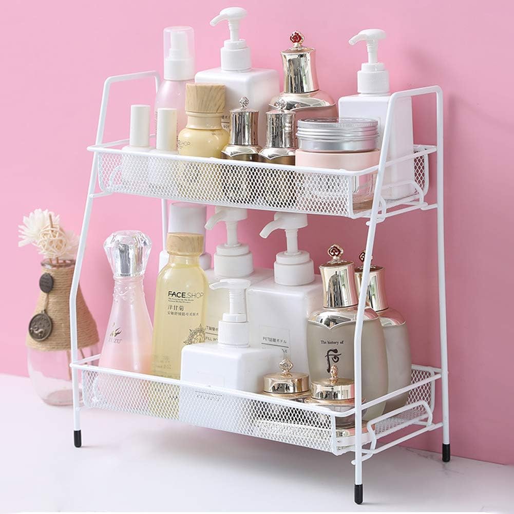 Spice Rack Organizer, 2-Tier Bathroom Shelf Organizer countertop, Kitchen Rack Organizer for Spice Can Sauce Jars Bottle (White)