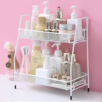 Spice Rack Organizer, 2-Tier Bathroom Shelf Organizer countertop, Kitchen Rack Organizer for Spice Can Sauce Jars Bottle White