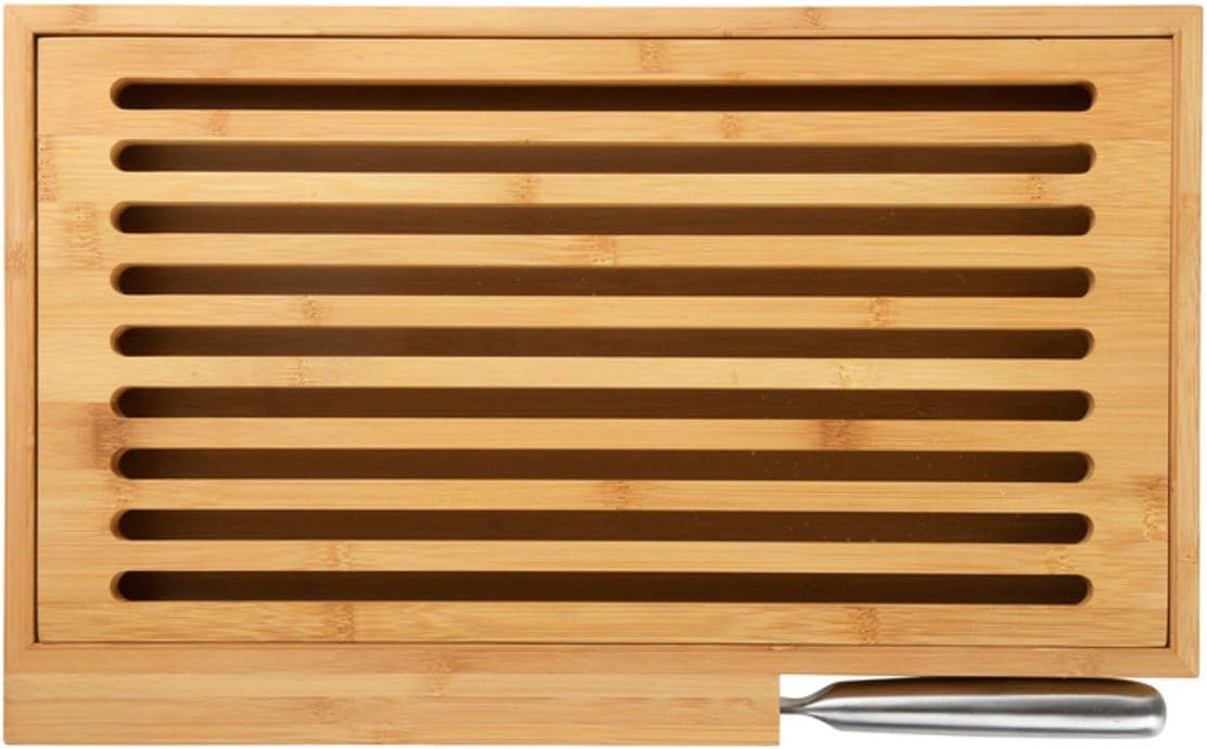 Hillfield® cutting board with bamboo cumb tray, incl. stainless steel bread knife with holder on the board, large cutting surface of 39.5 x 24 cm, removable grate for easy cleaning, Bamboo, 1 item