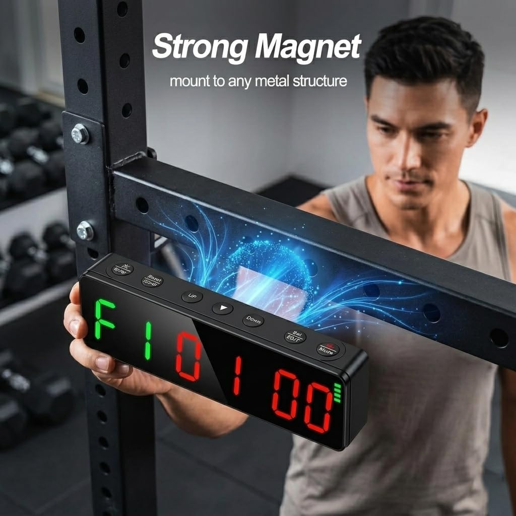 Gym Clock Workout Timer Clock for Home Gym, 7-Inch LED Gym Exercise Interval Timer with Strong Magnet, Rechargeable Battery, 5-Level Brightness for HIIT, Tabata, Boxing & Garage Workouts