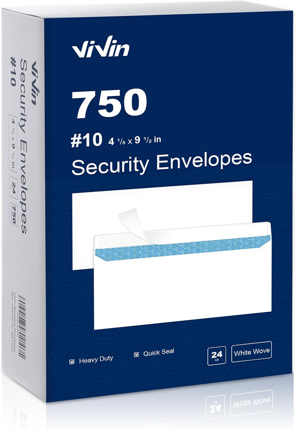 Vivin #10 Self-Seal Security-Tinted Business Envelopes for Privacy Documents, Home & Office, 4-1/8 x 9-1/2 Inches, No Window, 24 LB, White, 750 Packs