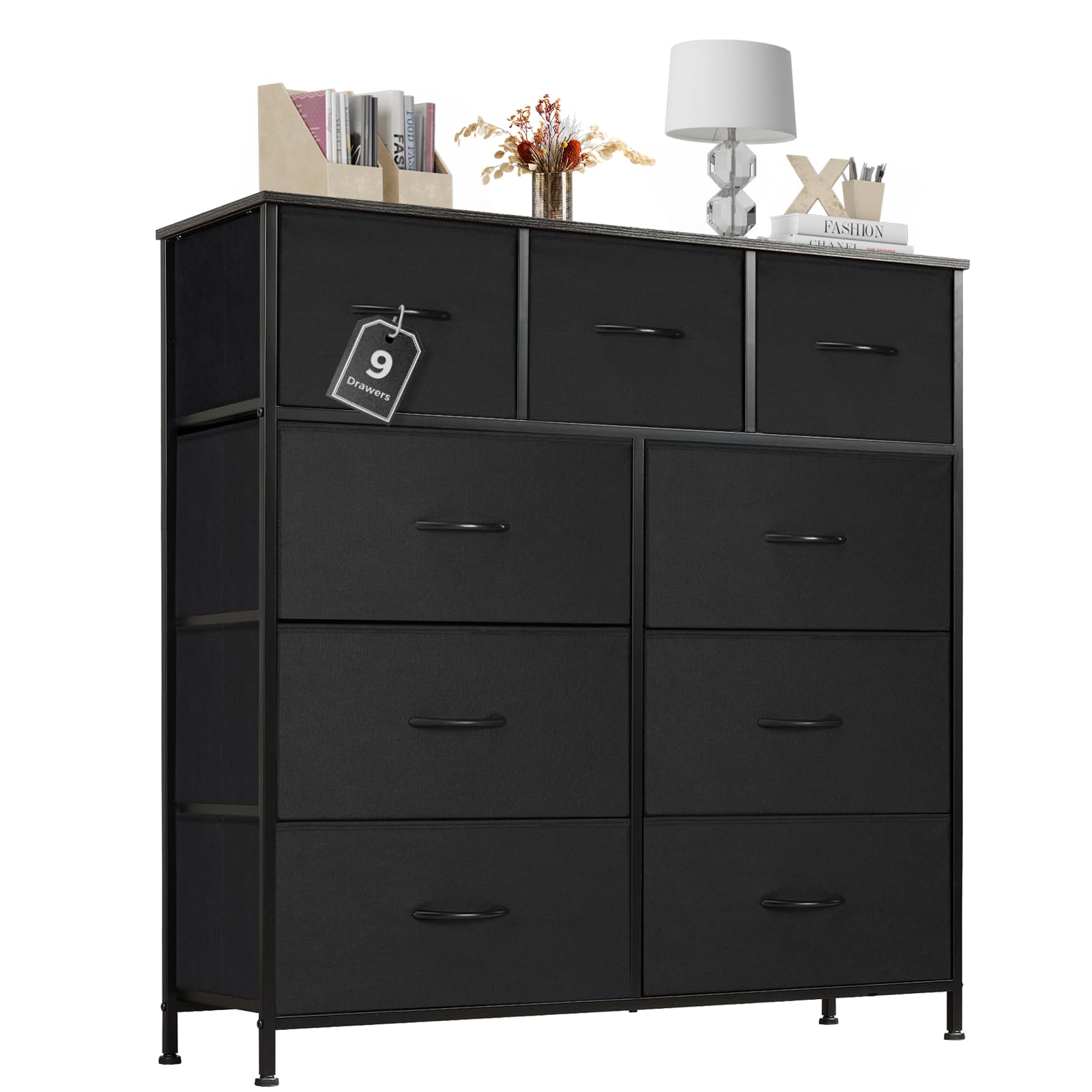 Dresser for Bedroom with 9 Drawers, Anti-Tip Tall Fabric Chests Storage Organizer Tower Furniture with Wooden Top Metal Frame for Clothes, Closet, Living Room, Hallway, Entryway