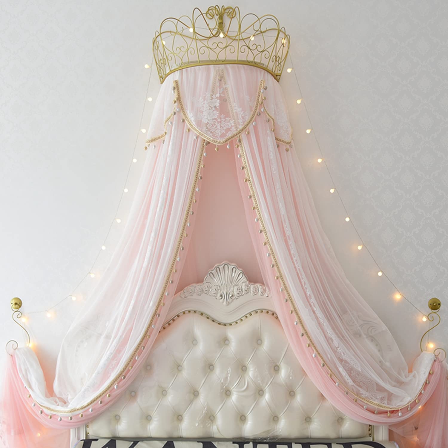 Miuxe Metal Wall Teester Bed Crown Canopy - Antique Crown Wall Decor Princess Bed Curtains for Over Beds or Windows, Lace Mosquito Net Bedroom Decoration Castle Reading Nook Canopies
