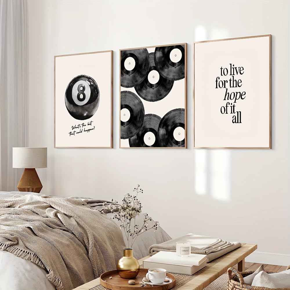 GLWDMH 3 sztuki 20 x 30 cm czarny basen i kula płyta winylowa obrazy na płótnie, sztuka ścienna plakat i wydruki, obraz ścienny do salonu, sypialni, jadalni, biura (z ramą wewnętrzną)