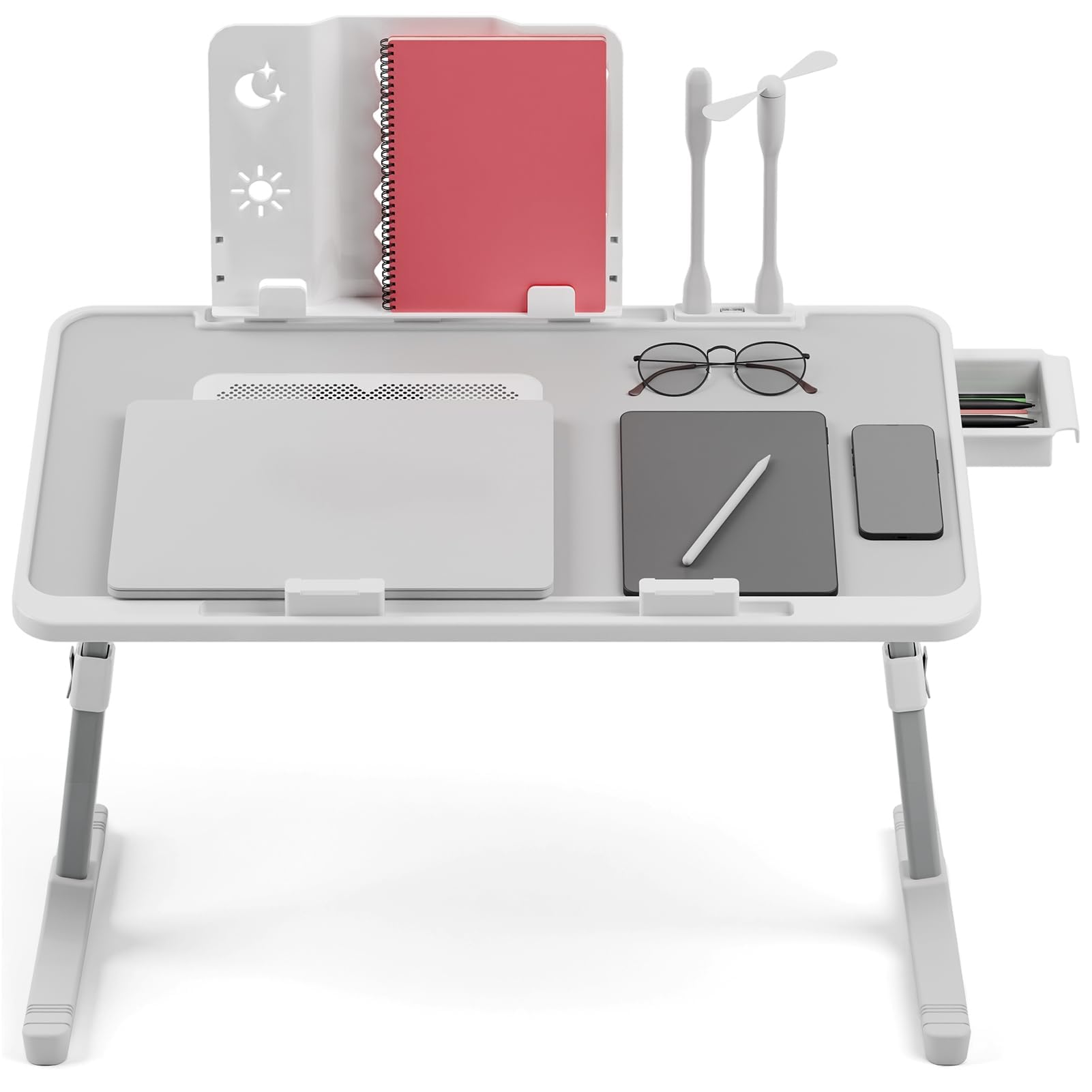 Laptop Bed Table with Storage Drawer,Bookshelf,USB Lights & Fan,Protable Lap Bed Desk with Adjustable Heights and Angles,Folding Lap Tray for Couch/Bed/Sofa/Floor Use
