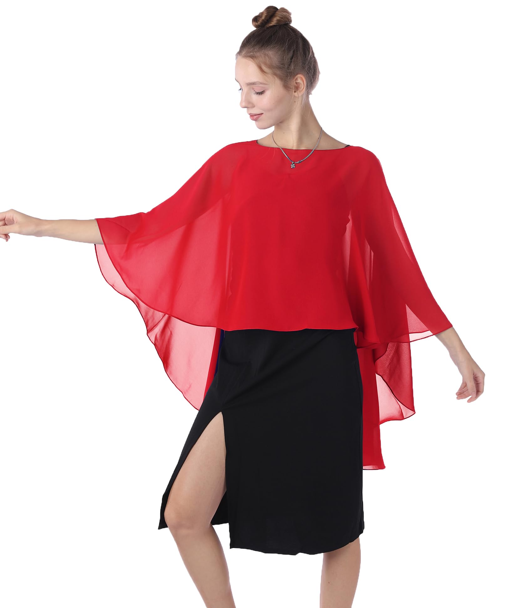 Baoqiya Women's Red Chiffon Capes Sheer Capelets Long Cape Poncho For Plus Size, One Size