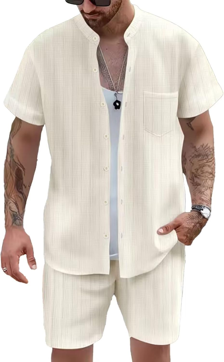 DEEX Men's Summer Beach Outfits 2 Piece Short Sleeve Shirts and Shorts Texture Vacation Sets for Men 2025