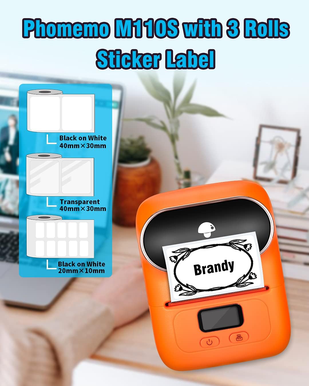 Phomemo-M110 Label Printer- Portable Bluetooth Thermal Mini Label Maker Printer Apply to Labeling, Office, Cable, Retail, Barcode, Compatible with Android & iOS System,with 1 40×30mm Label,White : Office Products