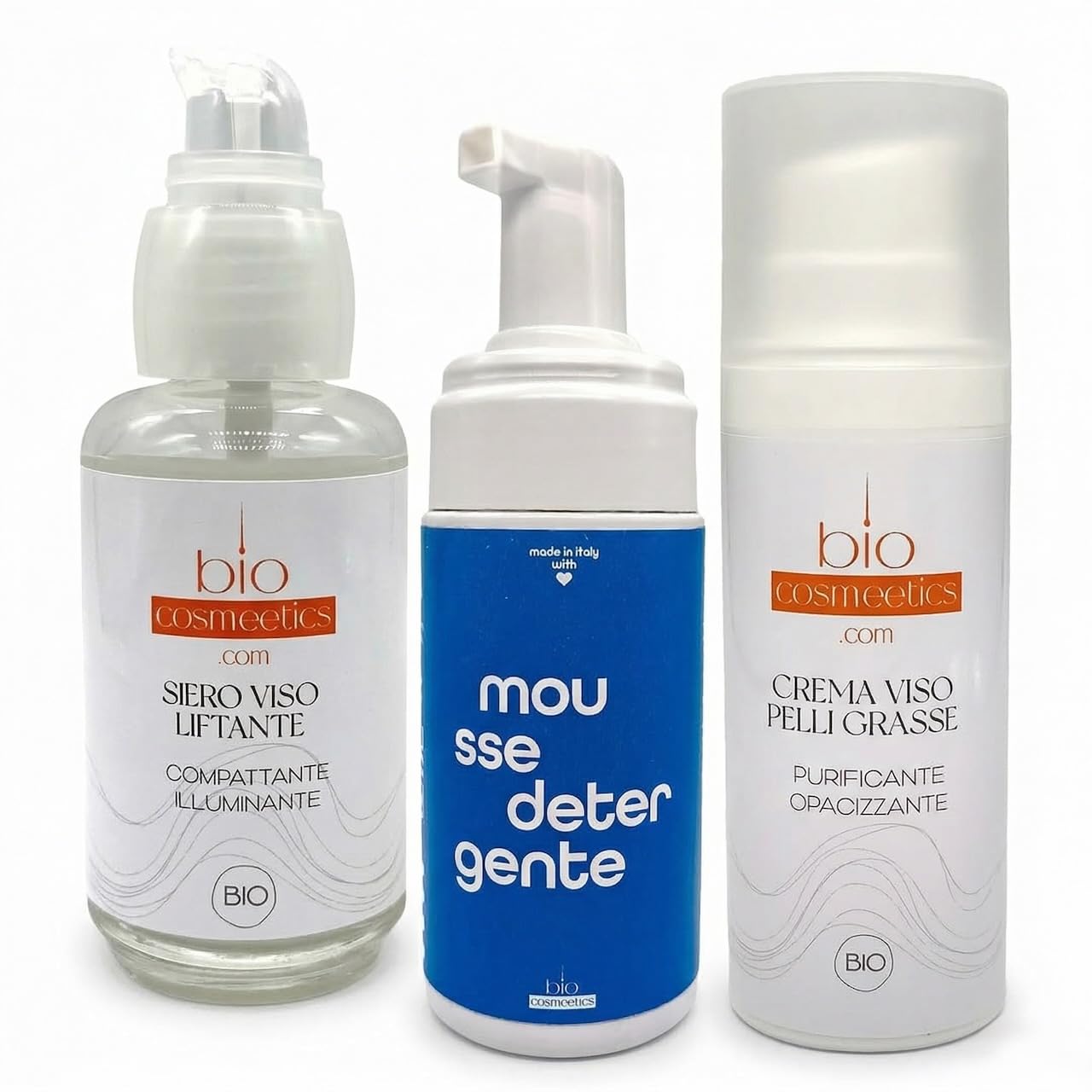 Routine Viso Completa Bio — Mousse Detergente Bava di Lumaca + Siero Acido Ialuronico Elastina + Crema Seboregolatore Acido Mandelico — Made in Italy