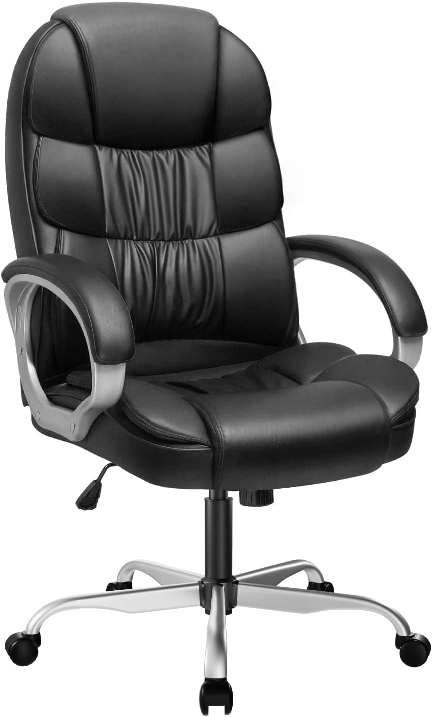 Furmax Leather High Back Office Chair Ergonomic Executive Office Chair Swivel Computer Desk Chair Lumbar Support Soft Cushioned Padded Arms (Ink Black)