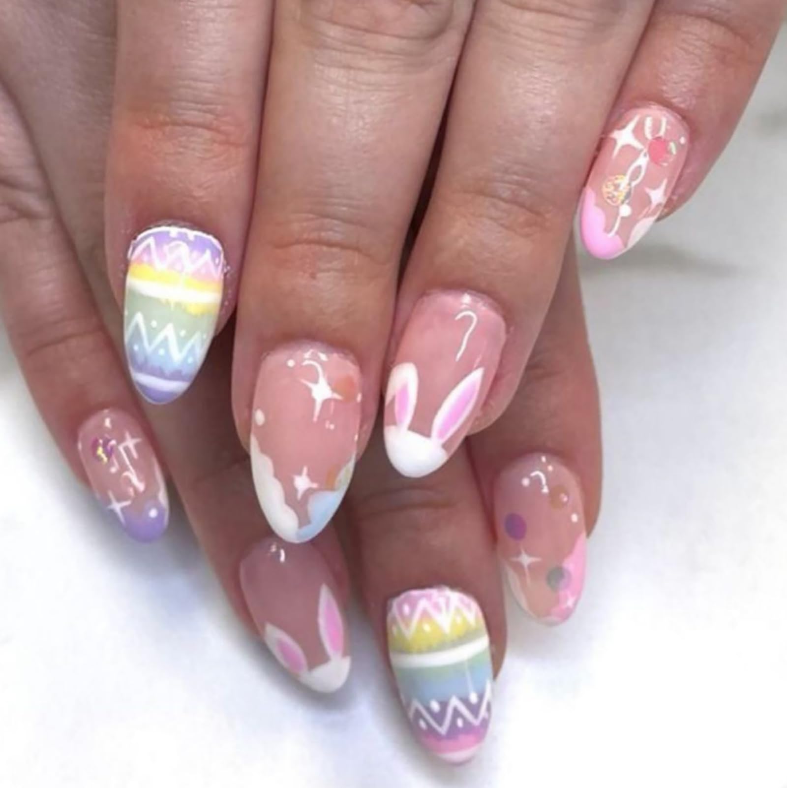 Easter Press on Nails Bunny Fake Nails Short Almond False Nails Nude Pink Glue on Nails Easter Eggs Full Cover Nail Cute Decorations Acrylic Nail Supplies for Women and girls 24Pcs