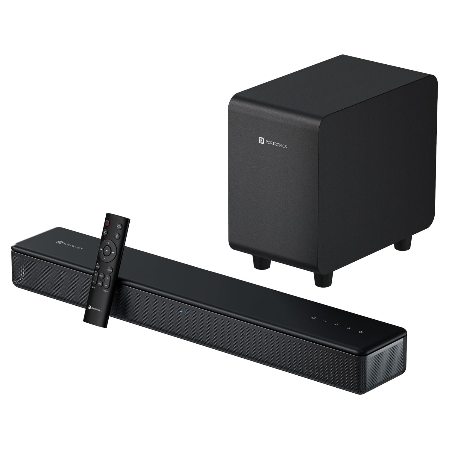 portronics sound slick x 250w bluetooth soundbar with wired subwoofer for deep bass,2.1 channel home theatre,hd sound, eq modes,touch control, bt 5.3v,hdmi, aux in,usb port,sleek remote control(black)