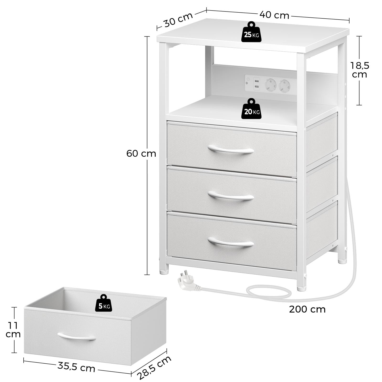 Rolanstar Chevet avec Chargeur, LED Intégrée, 2 Tiroirs en Tissu et 3 Niveaux de Rangement, Table de Nuit Moderne pour Chambre à Coucher, Blanc