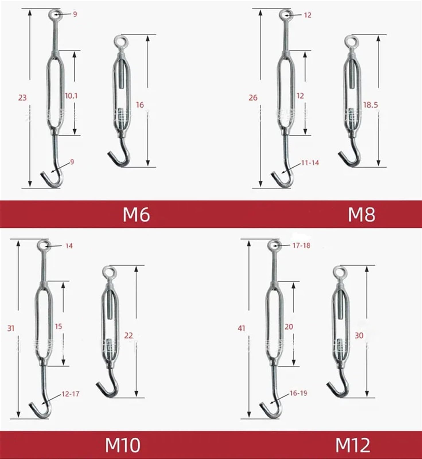 Tensor de Alambre de Tensor, 1 Tensor de Cable de Acero con Gancho y Ojo M6 a M18(M16)